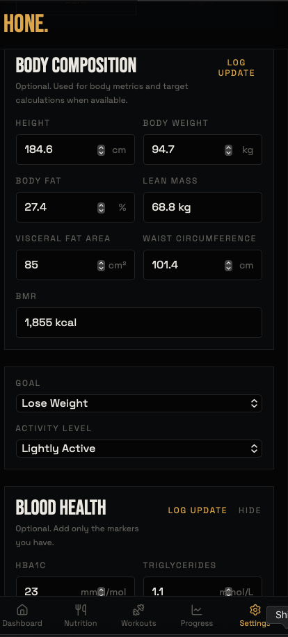 Hone workout detail with sets, timer and per-exercise notes