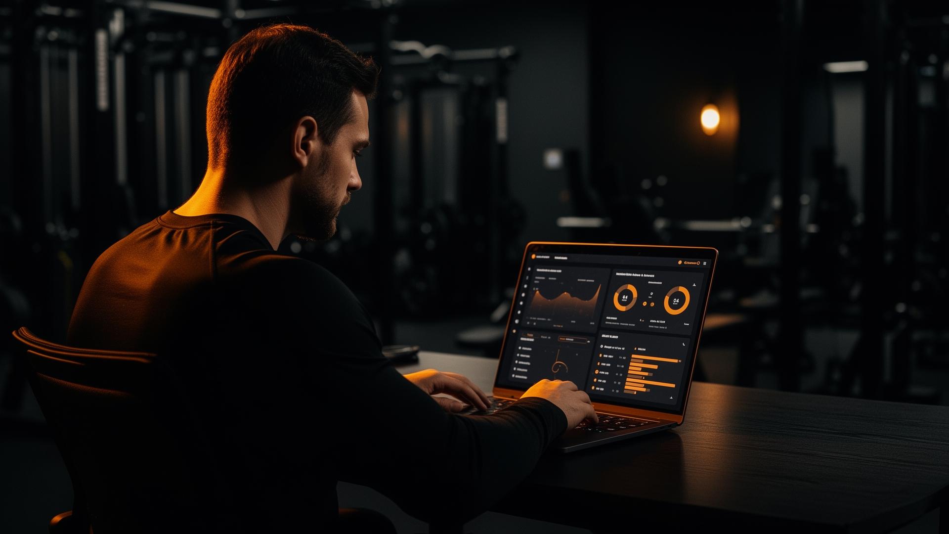 A coach reviewing client data on a laptop in a dimly lit gym office