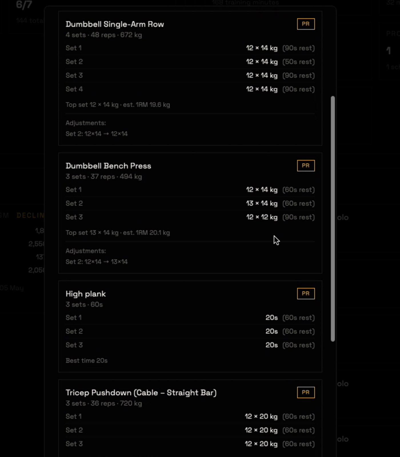 Workout session detail with set-by-set logs and PR badges